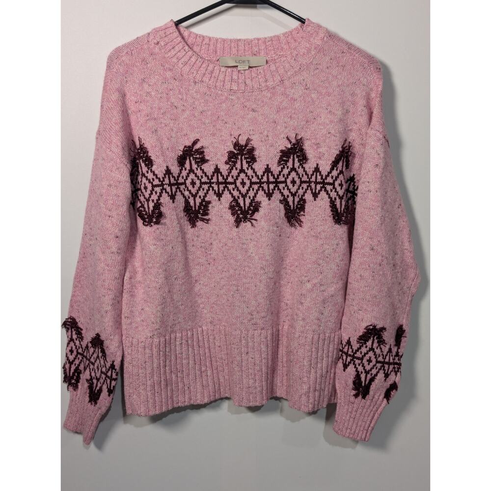 ANN TAYLOR Loft Fringe Fair Isle Mock Neck Sweater Size XS Pink Aztec Boho Shirt